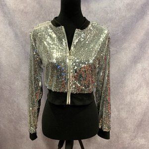 Allegra K Sequin, Long Sleeve, Zip Up, Crop, Party Bomber Jacket
